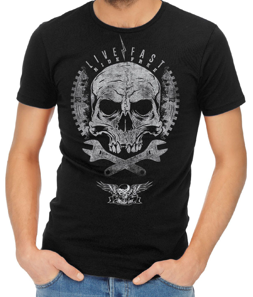 Punisher Skull LIVE FAST-RIDE FREE men`s printed black shirt tattoo bike Harley